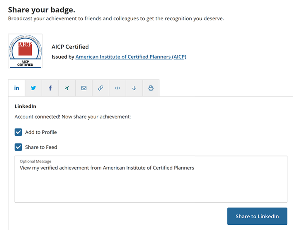 Screenshot of Acclaim platform share to LinkedIn feature