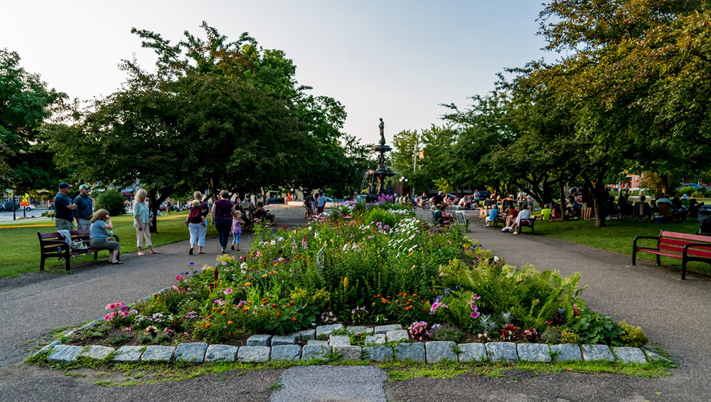 This image features people on sidewalks near a flower garden and fountain.