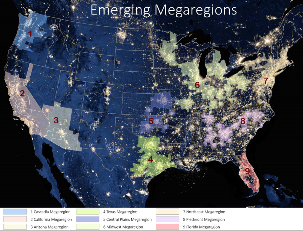 The Center for Quality Growth and Regional Development identifies nine megaregions across the country. Image courtesy  Georgia Tech Center for Quality Growth and Regional Development.