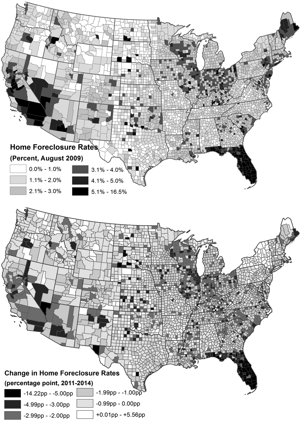 Geographical distribution of county-level home foreclosure rates in August 2009 and (bottom) changes in county-level home foreclosure rates between August 2011 and August 2014. Source: County-level foreclosure data from Black Knight (formerly LPS Applied Analytics). From ''Neighborhood Affordability and Housing Market Resilience,'' in Journal of the American Planning Association (Vol. 85, No. 4).