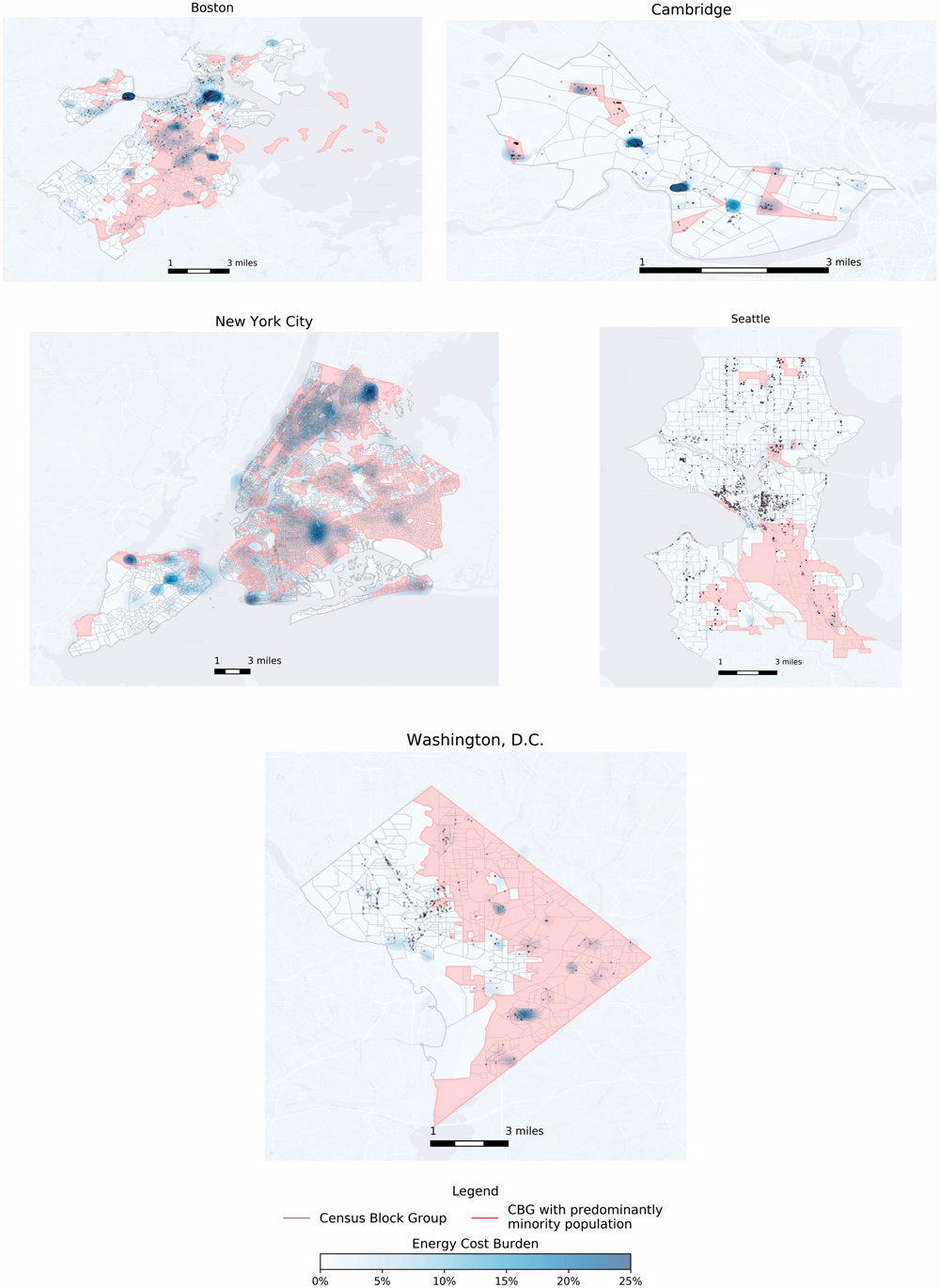 Spatial dispersion of energy cost burdens (blue heat map), properties (in black), and neighborhood classification (predominantly minority census block groups in red) in selected cities, 2015. Figure 3 from the article “Energy Cost Burdens for Low-Income and Minority Households” in the Journal of the American Planning Association (Vol. 86, No. 1).