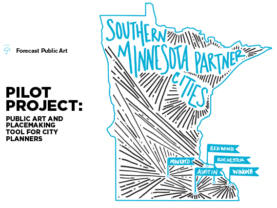 Map of five Minnesota cities selected to participate in a pilot project to develop and beta test a public art and placemaking tool for planners.