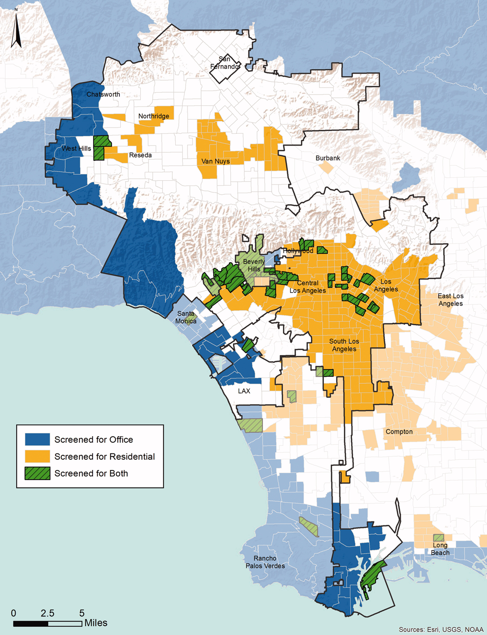 Low-VMT transportation analysis zones meeting map-based screening thresholds for office and residential projects. Figure 3 from “Streamlining the Development Approval Process in a Post-Level of Service Los Angeles.” JAPA Vol. 85, No. 2. Sources Esri, USGS, and NOAA.