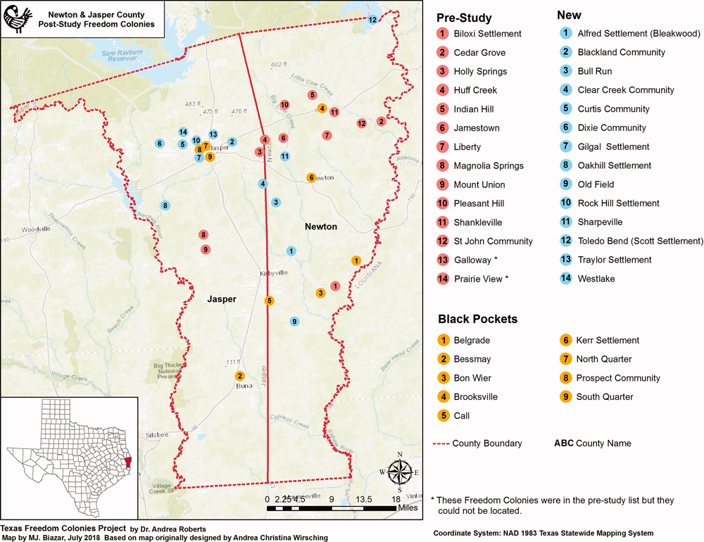 Map of freedom colonies located in Jasper and Newton counties. Figure 1 from “Remixing as Praxis,” in the Journal of the American Planning Association, Vol. 85, No. 3.