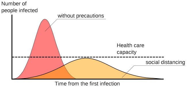 A sample epidemic curve, with and without social distancing. Image by Johannes Kalliauer (CC BY-SA 4.0).