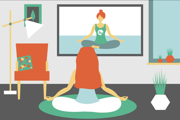 woman doing yoga via tv at home